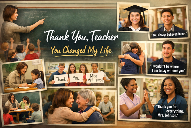 Collage honoring female teachers with students and alumni messages
