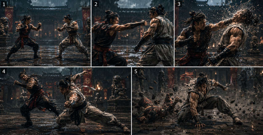 5-frame AI generated fight sequence showing two consistent characters in combat