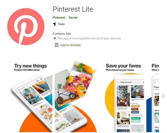 install and download Pinterest lite app