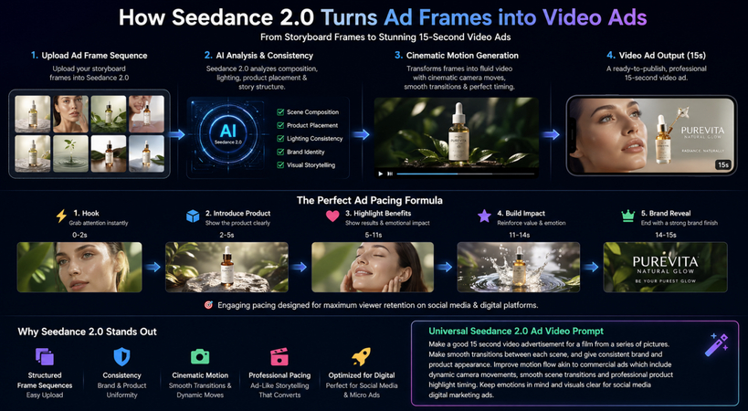 Seedance 2.0 transforms static ad frame sequences into cinematic 15-second video ads