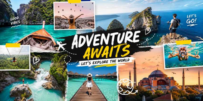 Colorful travel montage with cinematic drone-style views