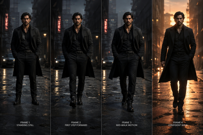 4-frame AI storyboard of a character walking forward in a cinematic sequence,
