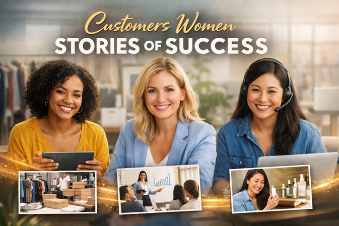 Women customers sharing success stories and business achievements