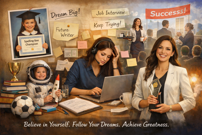 Woman's journey from childhood dreams to professional success, celebrating Women's Day inspiration