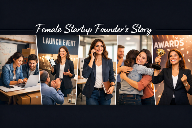 Inspirational Women's Day banner showing the journey of a female startup founder