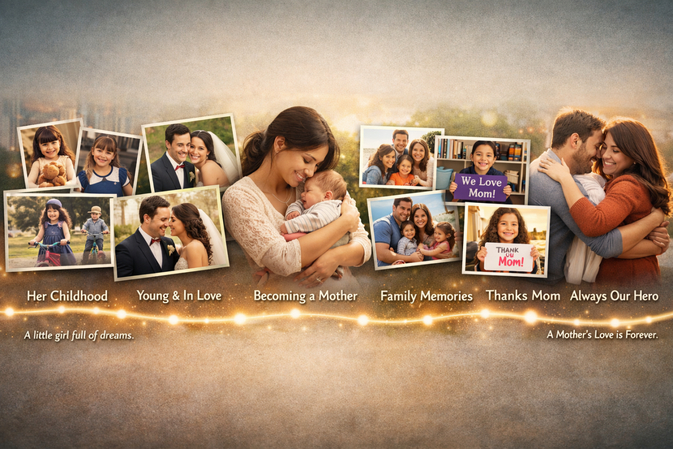 Horizontal timeline collage showing a mother's life journey