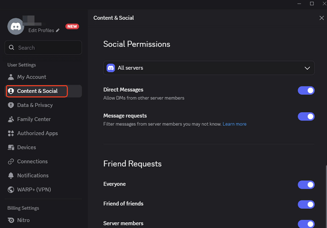 change discord privacy settings
