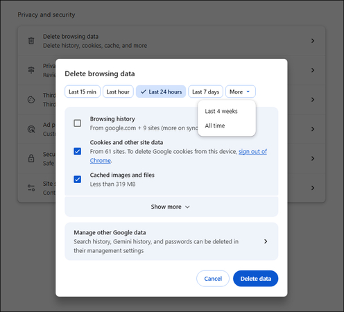 clear browser cache and cookies