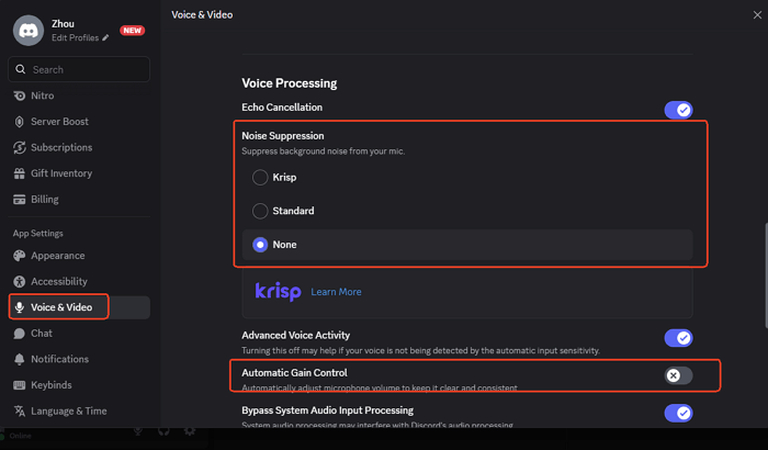 turn off discord noise suppression