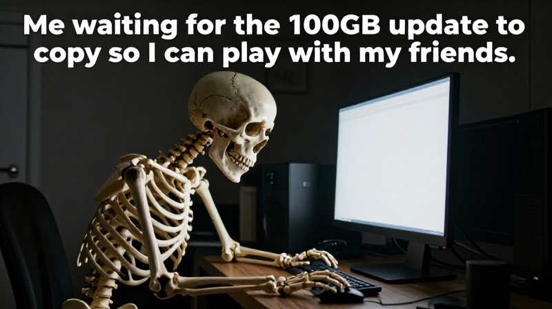 waiting skeleton meme at computer