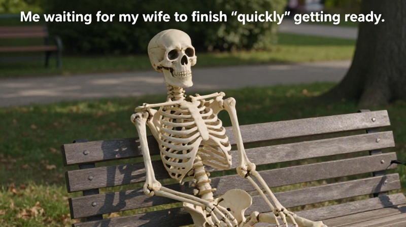 waiting skeleton meme on bench