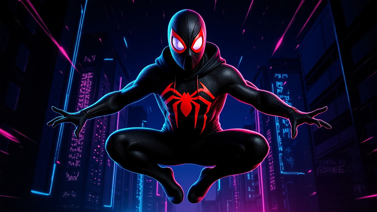 Vibrant Miles Morales Spider-Verse glitch art wallpaper