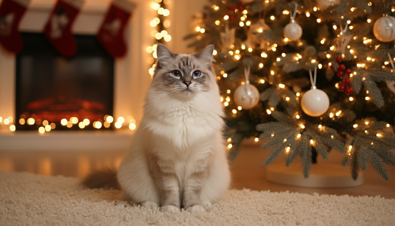 ragdoll cat before christmas tree