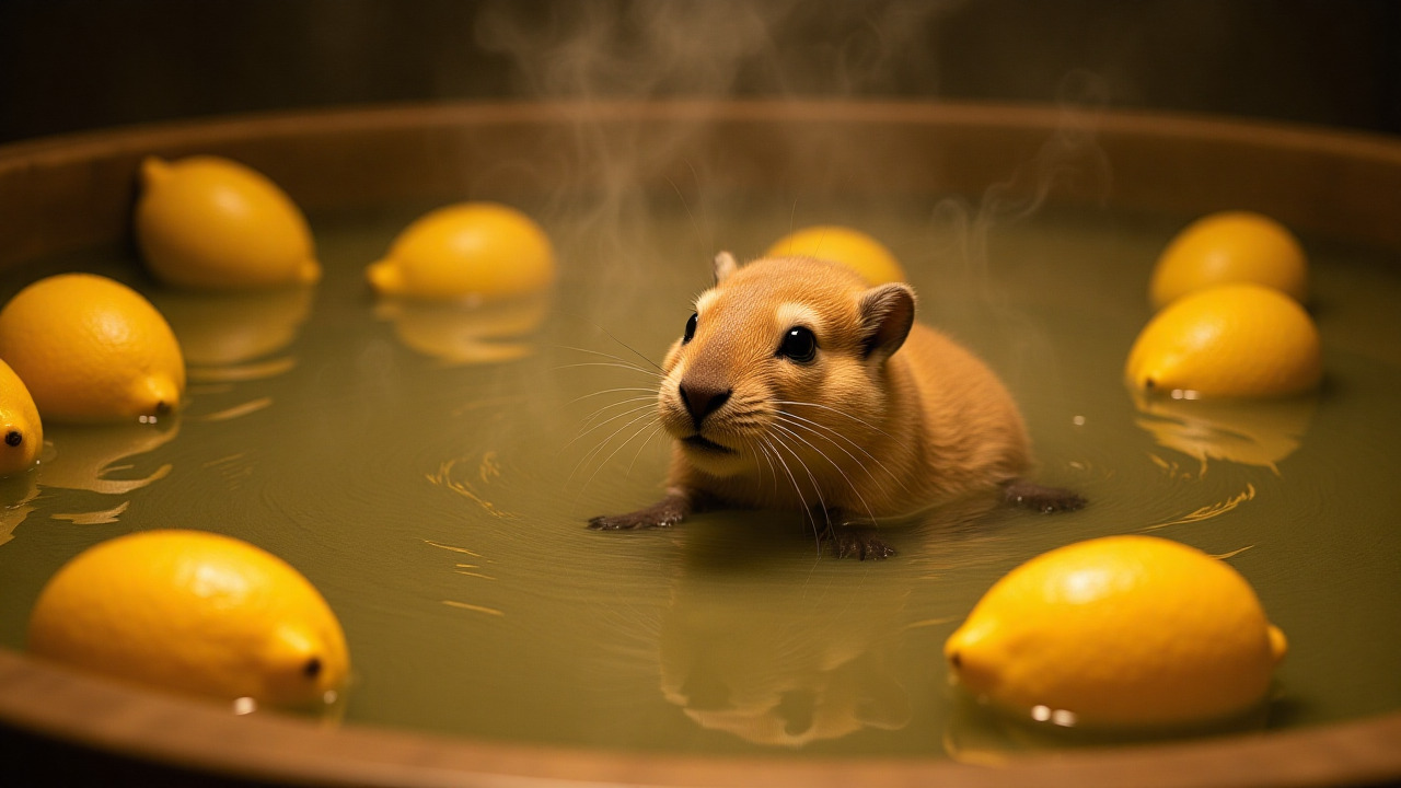 A relaxed capybara soaking in a traditional Japanese yuzu citrus bath