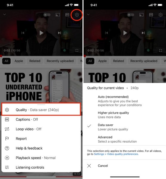 change youtube video quality on playing screen
