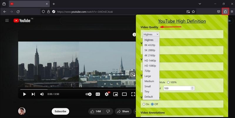 change youtube video quality with firefox extension