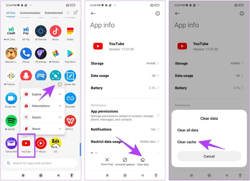 clear youtube app cache on android