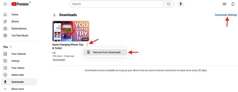 delete offline videos on youtube website