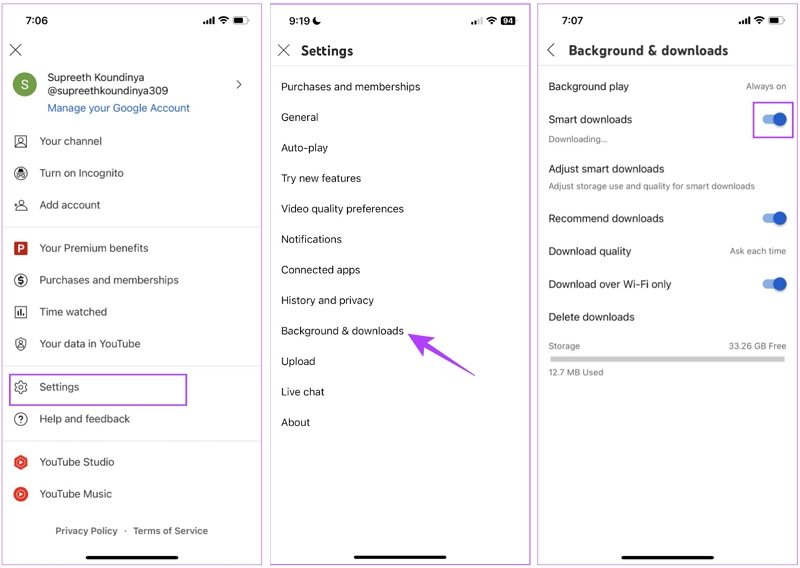 disable smart downloads on youtube app