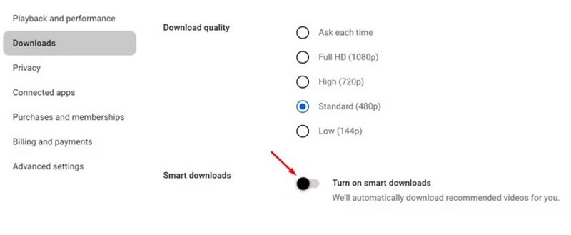 disable smart downloads on youtube website