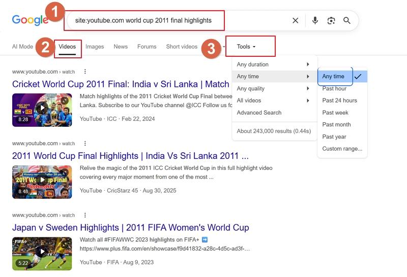 العثور على فيديوهات YouTube القديمة عبر بحث Google