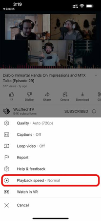 YouTube app playback speed on Android