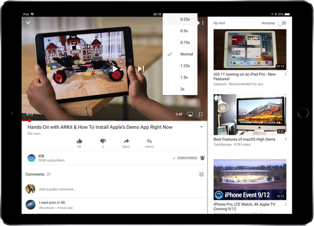YouTube mobile speed options on iPhone
