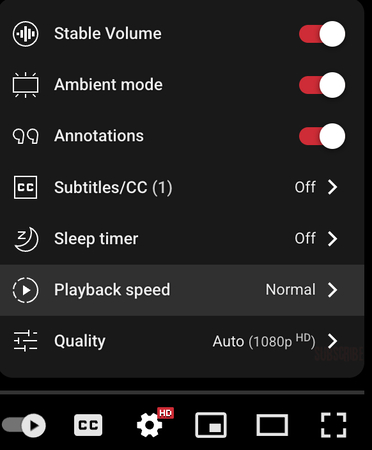 YouTube playback speed menu in a Windows browser