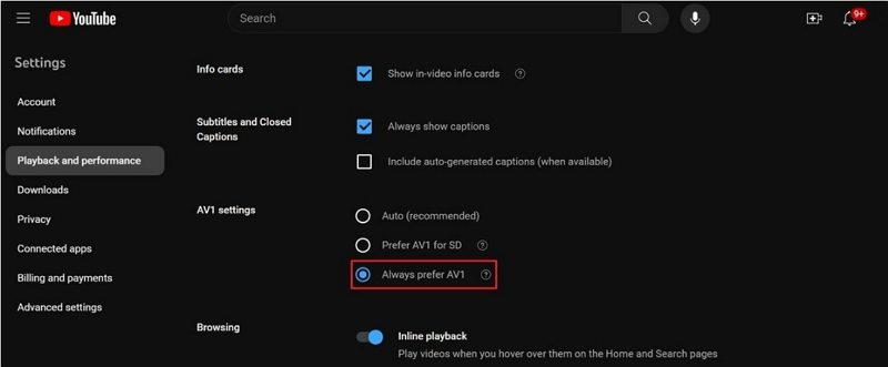 turn on the av1 settings