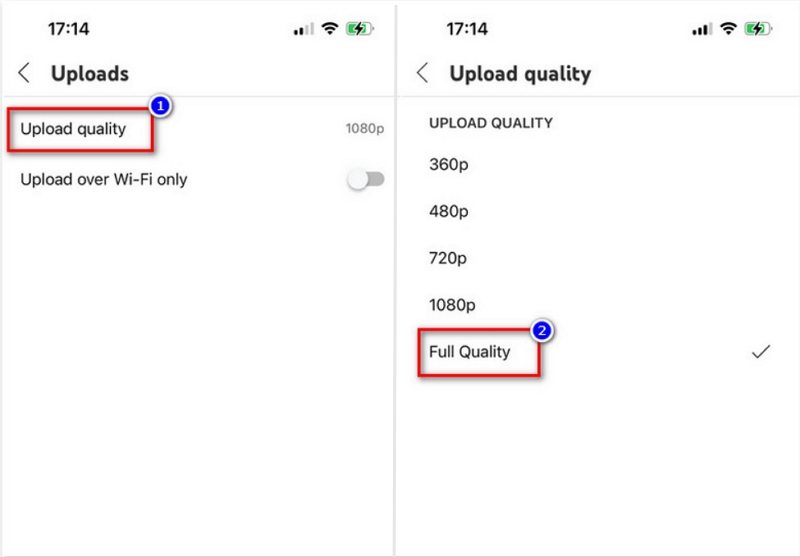 téléverser en qualité complète sur l'application YouTube