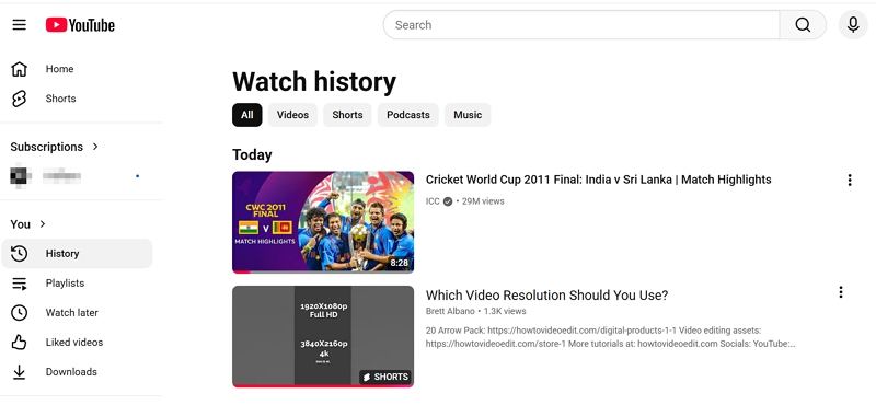 سجل مشاهدة YouTube