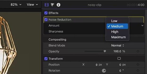 final cut pro noise reduction level