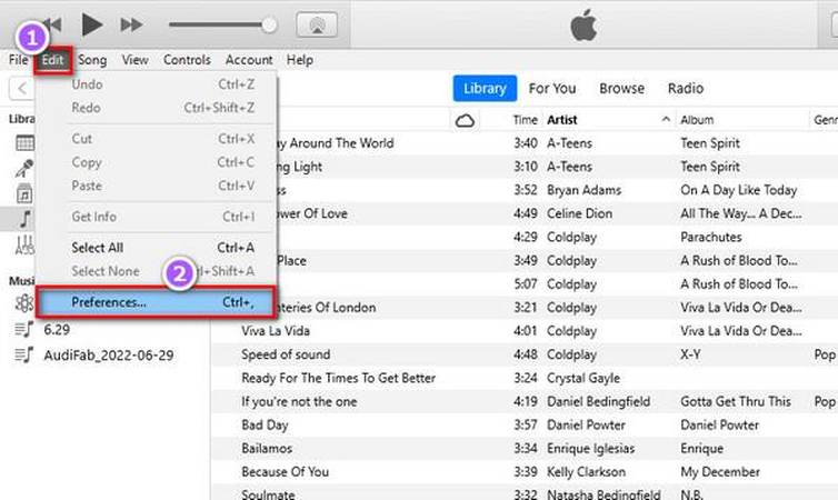 iTunes or Apple Music with Edit menu opened