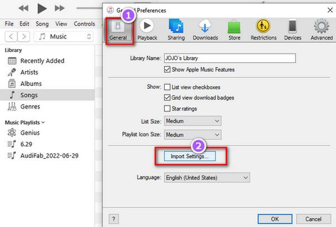 Preferences window with General tab open and Import Settings