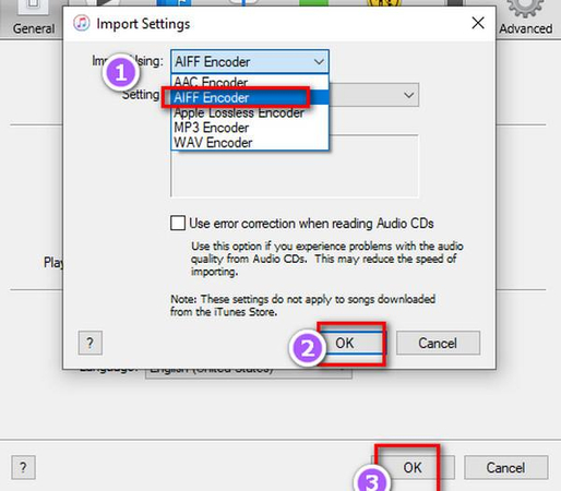 Import Settings window with AIFF Encoder
