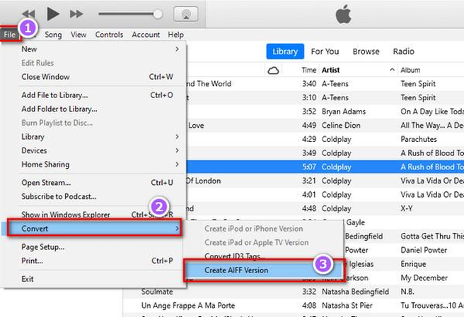 Selected MP4 song in iTunes converted to AIFF