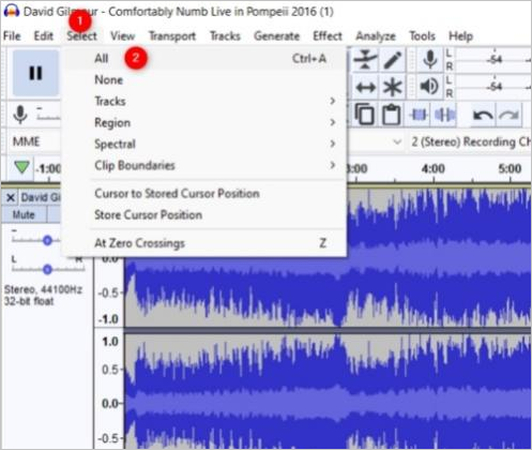 select all tracks audacity