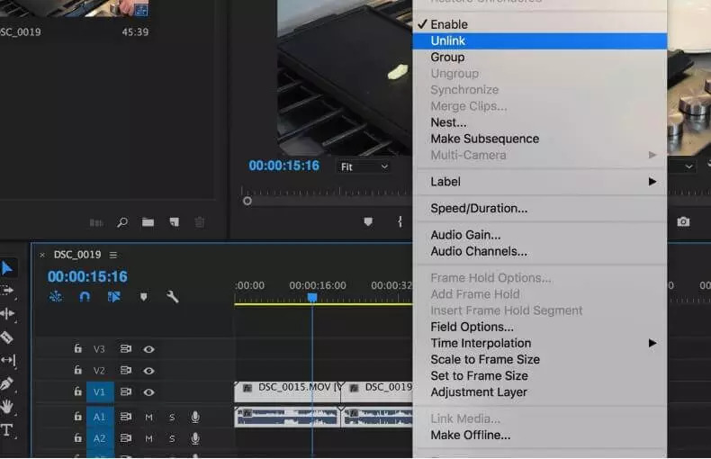 فك ارتباط المقطع في Adobe Premiere Pro