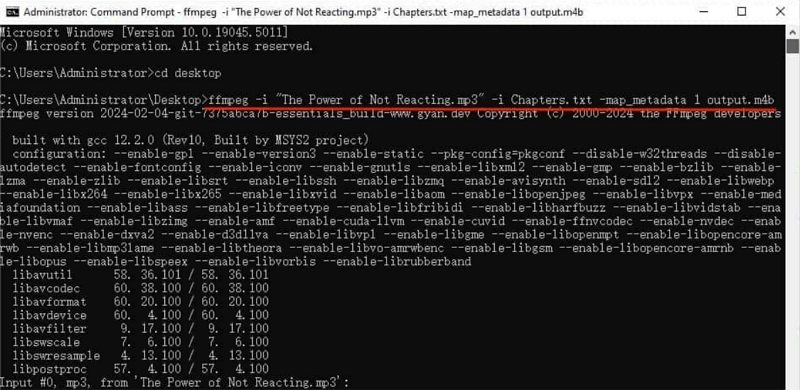 ffmpeg convert mp3 to m4b with chapters