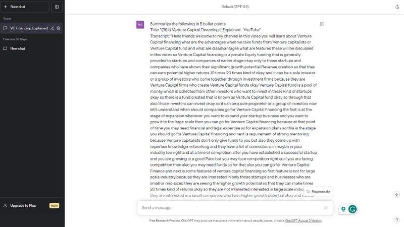 chatgpt will start summarizing the transcript