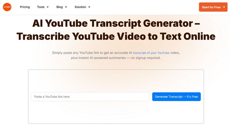 Vomo.ai 유튜브 전사 화면