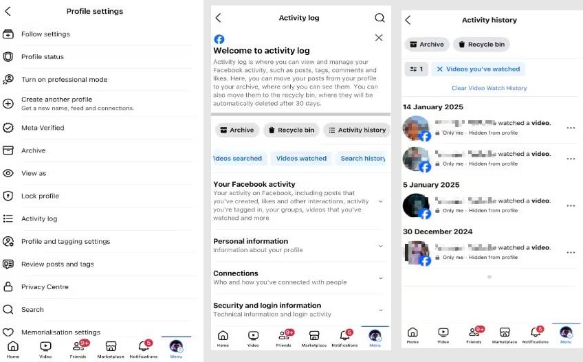 Facebook 應用程式內的最近觀看影片列表