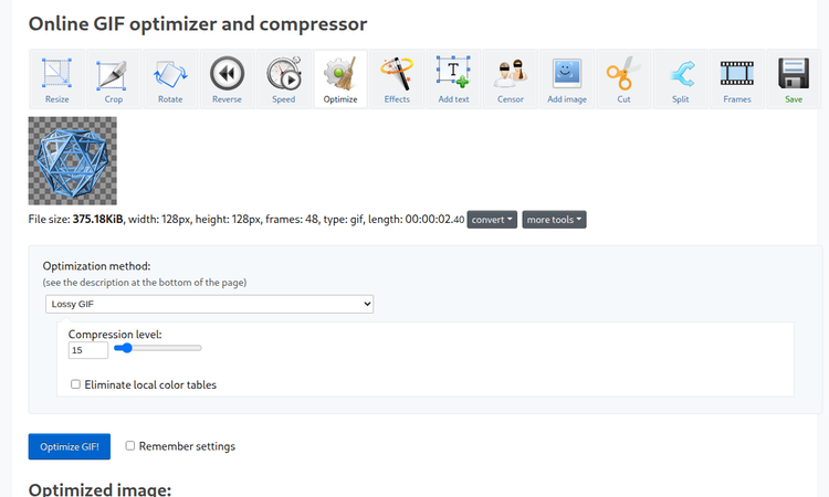 EZGIF GIF Optimizer interface