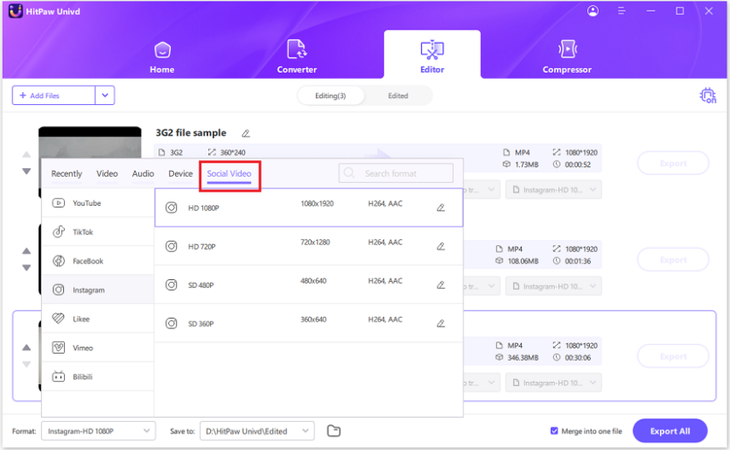 Bearbeitetes Video für Instagram exportieren