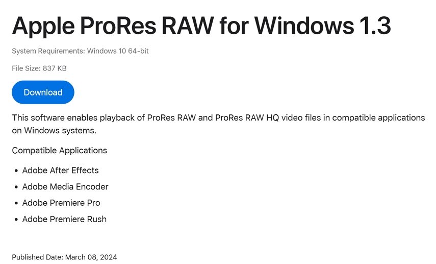 Apple ProRes RAW for Windows