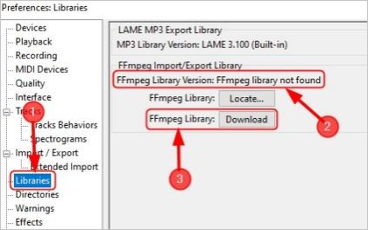 Audacity locate ffmpeg library