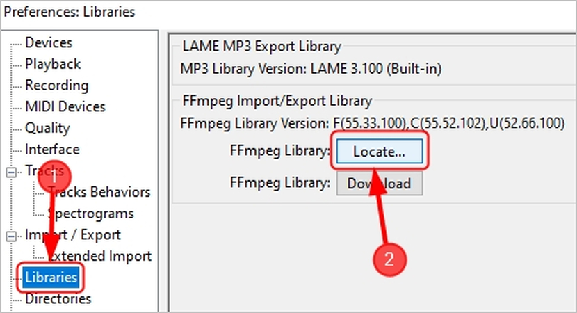 Audacity locate ffmpeg library