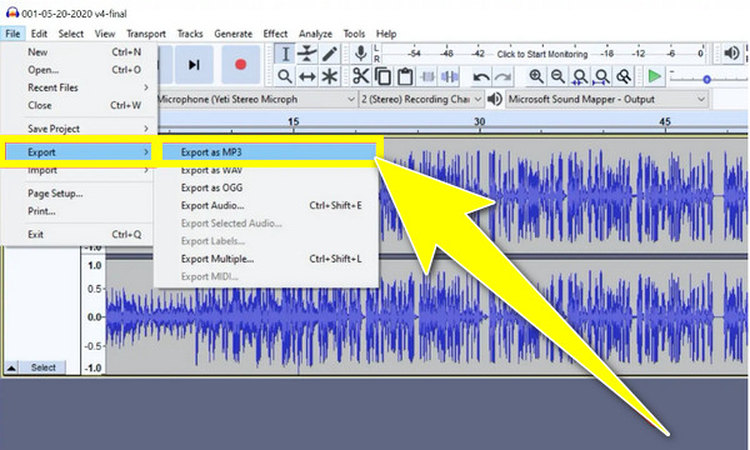 open audacity and choose export as mp3