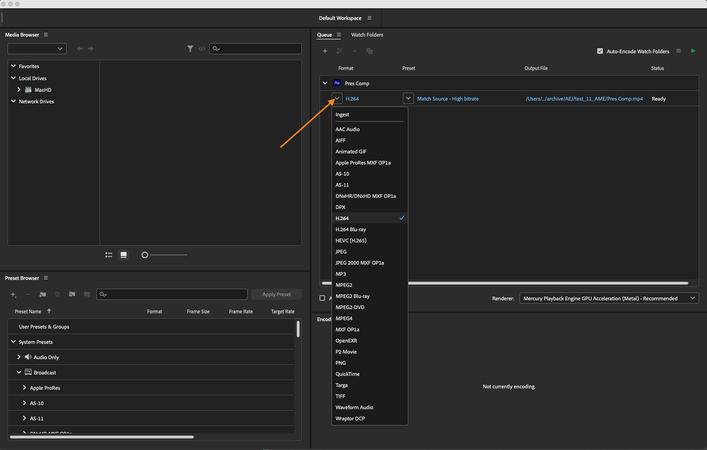 Adobe Media Encoder interface with the H.264 format