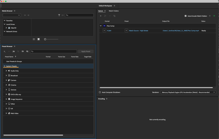 Preset selection dropdown in Adobe Media Encoder